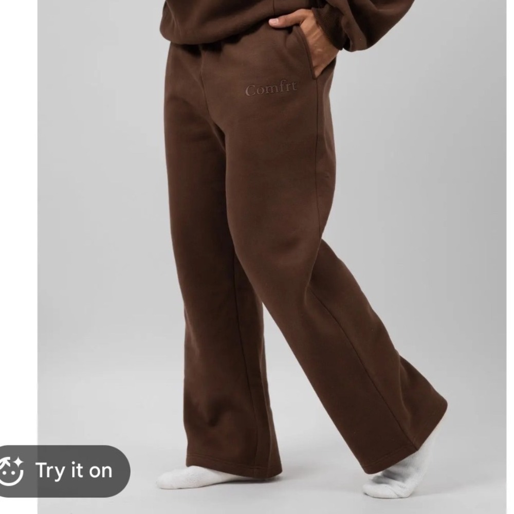 Comfrt Wide Leg Sweatpants Brown Fleece Elastic Waist Joggers Size Medium